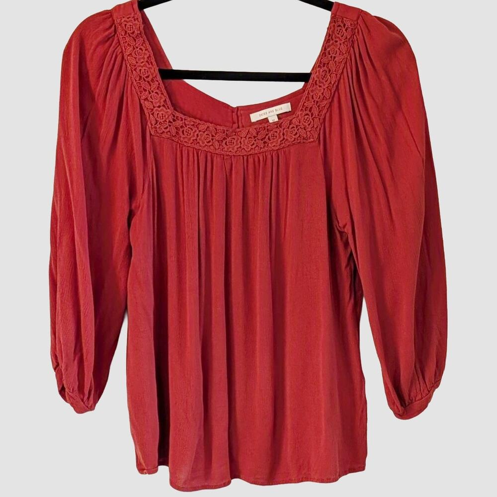 Skies Are Blue Rust Peasant Blouse M Lace Crochet Boho Balloon Sleeve